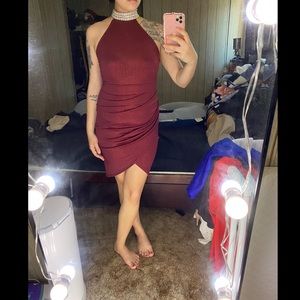 Maroon studded chocked halter mini dress